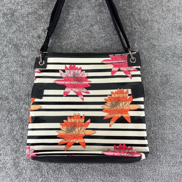 Sakroots Artist Crossbody Shoulder Satchel Bag Purse Striped Black White Floral - Picture 8 of 10